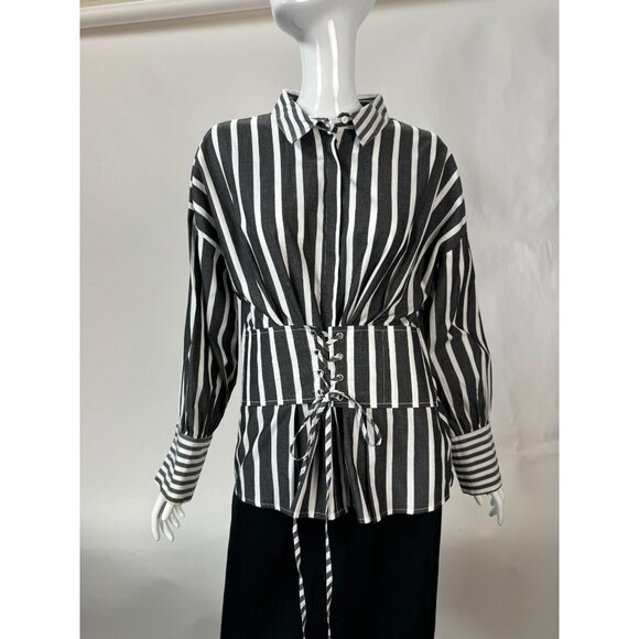 Striped Button-Up Shirt With Corset Detail By Free Generation - Large - Picture 12 of 16